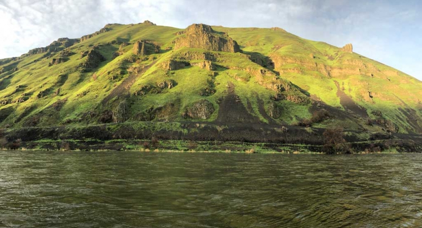 A body of water flows in front of a very green hillside